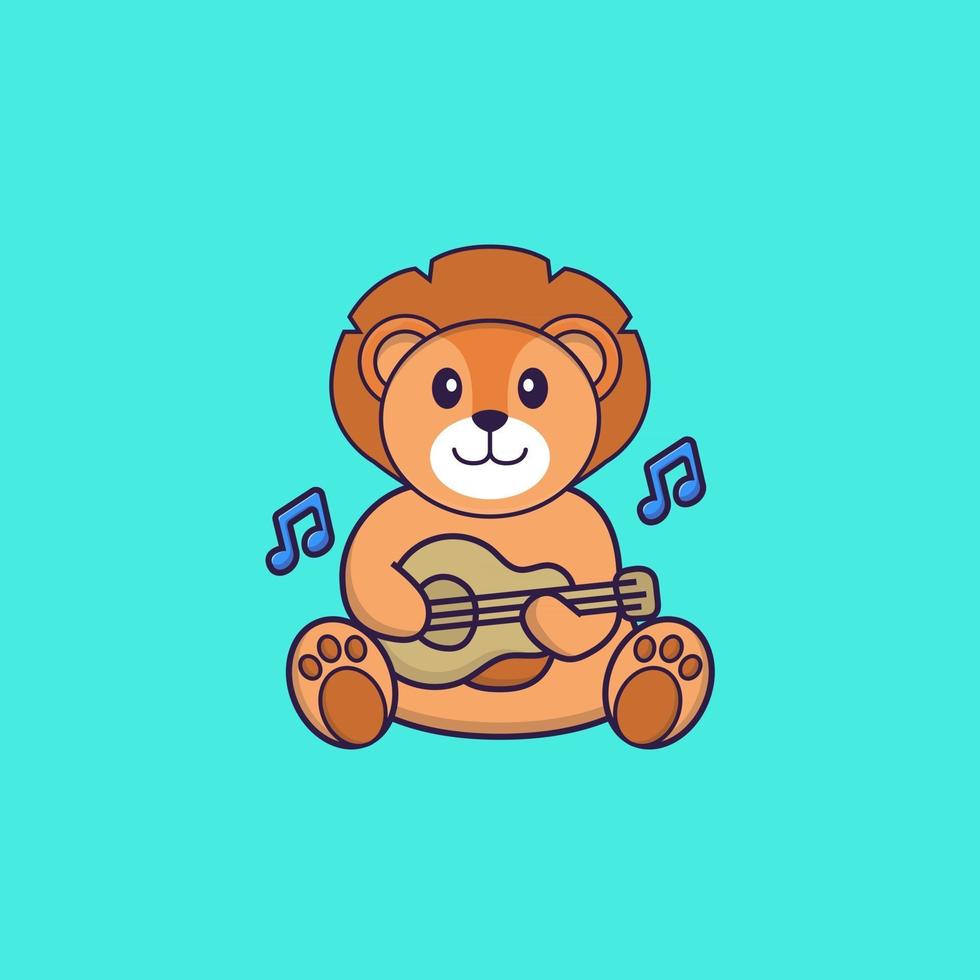 süßer Löwe, der Gitarre spielt. Tierkarikaturkonzept isoliert. kann für T-Shirt, Grußkarte, Einladungskarte oder Maskottchen verwendet werden. flacher Cartoon-Stil vektor