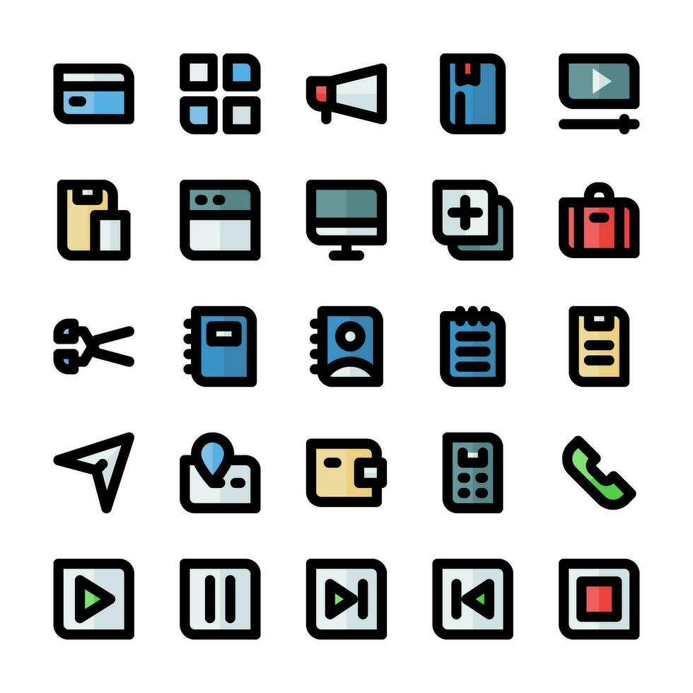 grundläggande ui ikoner, i färgad översikt stil, för några syften, Inklusive företag, applikationer, webb, musik, multimedia, och andra. vektor