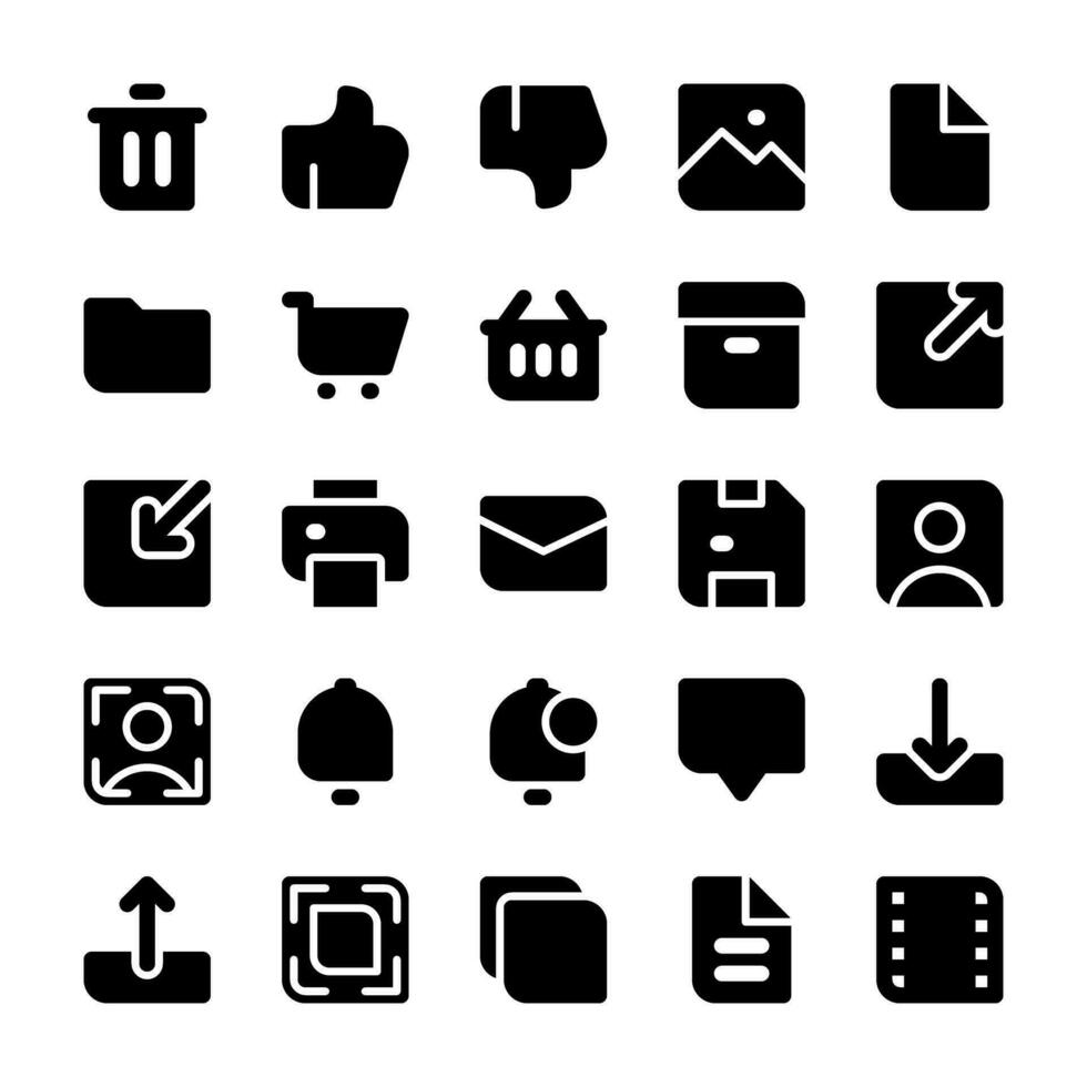 wesentlich ui Symbole, im Glyphe Stil, zum irgendein Zwecke, einschließlich Geschäft, Anwendungen, Netz, Musik, Multimedia, und Andere. vektor
