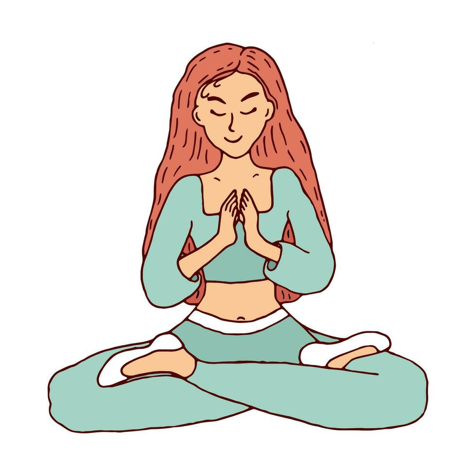 ein süß jung Frau im Sportbekleidung tut Yoga, meditiert im das Lotus Position. Vektor Gekritzel Illustration zum Karten, Flyer, Einladungen, Banner, Netz Design