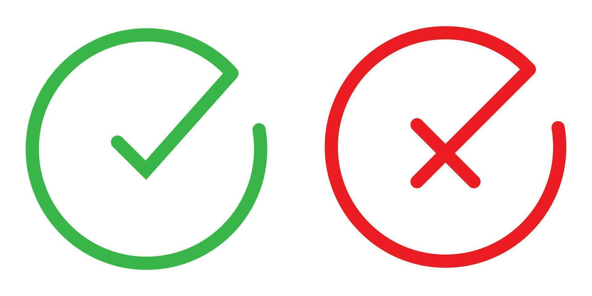 Grün Tick und rot Kreuz. runden Häkchen Symbol. Ja und Nein Symbol. einfach dünn richtig und falsch unterzeichnen. richtig und falsch Vektor Symbole. isoliert Umfrage einstellen auf Weiß Hintergrund. Vektor eps 10.