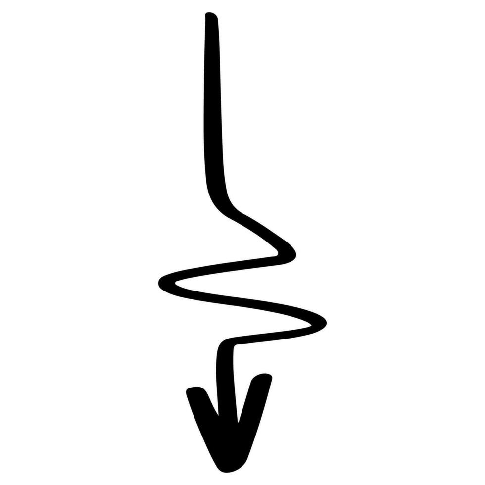 kurva pil. hand dragen pil. riktning symbol i klotter. markören pekare i skiss vektor