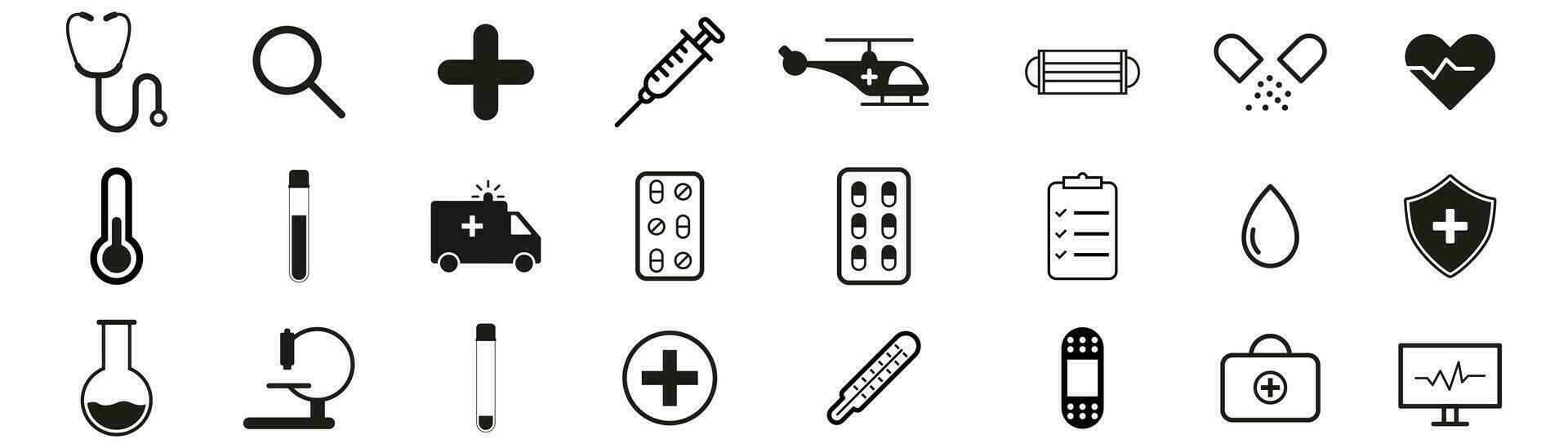 medicin ikoner uppsättning. medicinsk ikoner i svart. hälsa vård symbol. översikt vaccination samling. medicin uppsättning. vektor eps 10