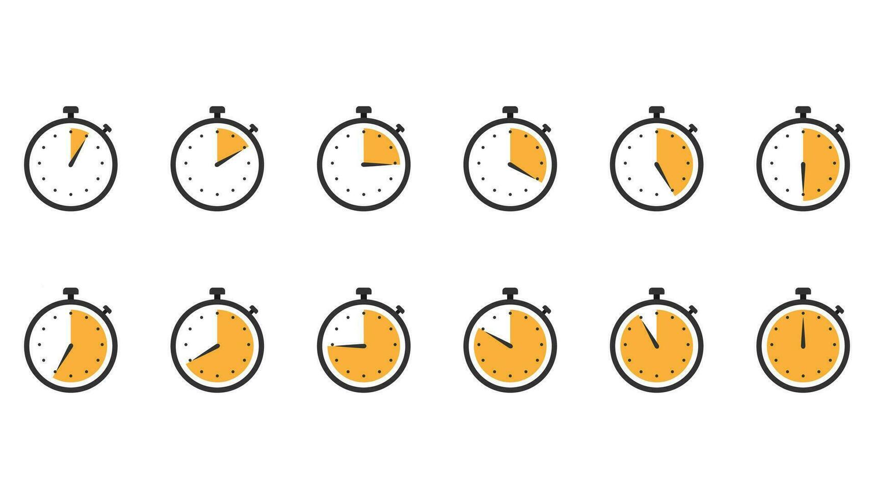 Stoppuhr Symbole. einstellen von Uhr Timer im eben Design im orange. Zähler Uhr mit zweite Pfeil. Gelb Stoppuhr Chronometer. Geschwindigkeit messen Werkzeug. Countdown von 5 zu 60 Sekunden. Vektor eps 10.