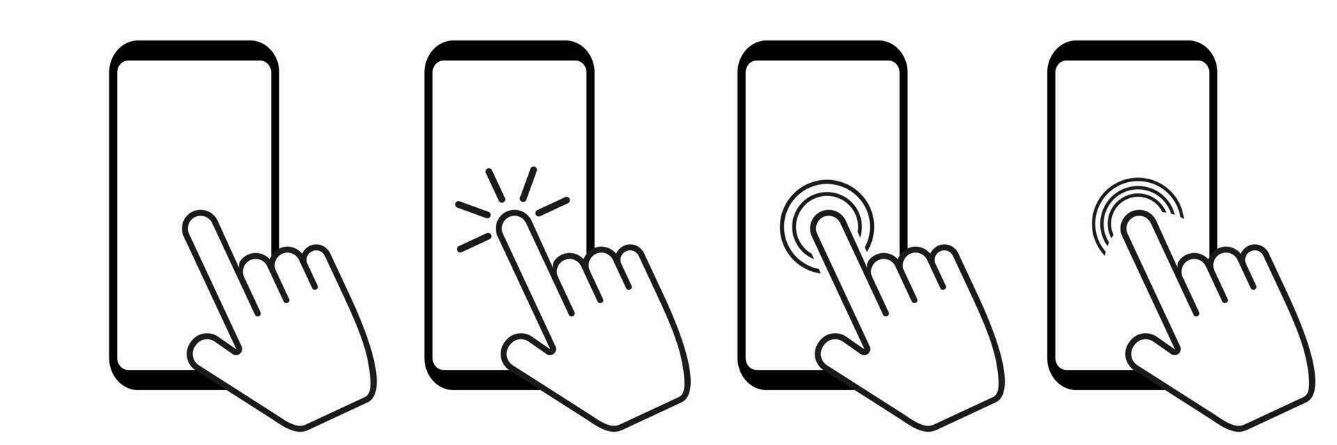 Smartphone Bildschirm mit Klicken Finger. berühren Anzeige mit Hand auf Weiß Hintergrund. isoliert Handy, Mobiltelefon Gerät mit Zapfhahn Symbol. Wahl Mauszeiger Piktogramm Sammlung. Vektor Satz. eps 10.