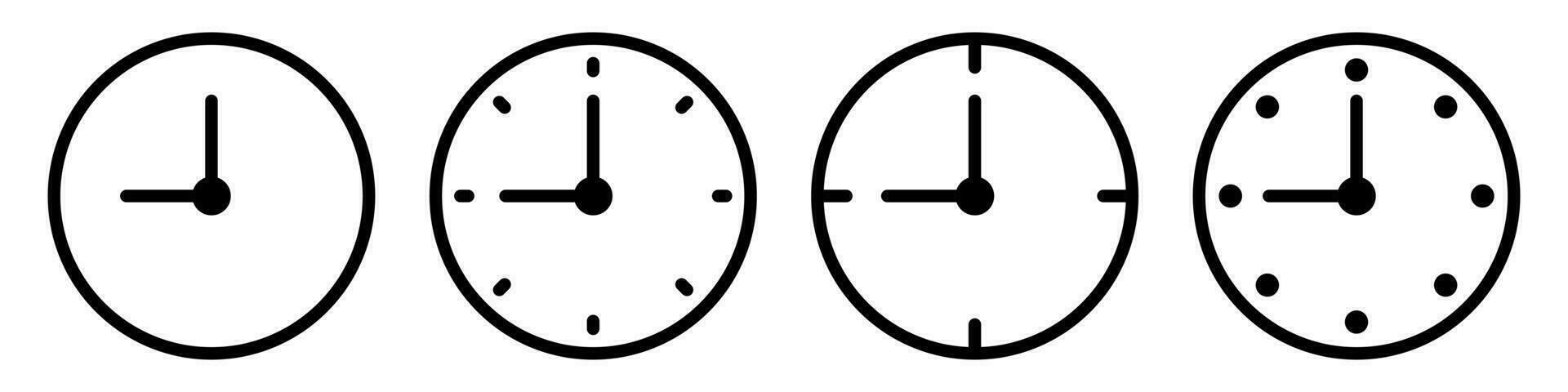 Gliederung Uhr Symbole Satz. isoliert Uhr Symbol auf Weiß Hintergrund. dünn Mauer Uhr im schwarz Farbe mit Minute und Stunde Pfeil. Chronometer Silhouette im Wohnung. Vektor eps 10.