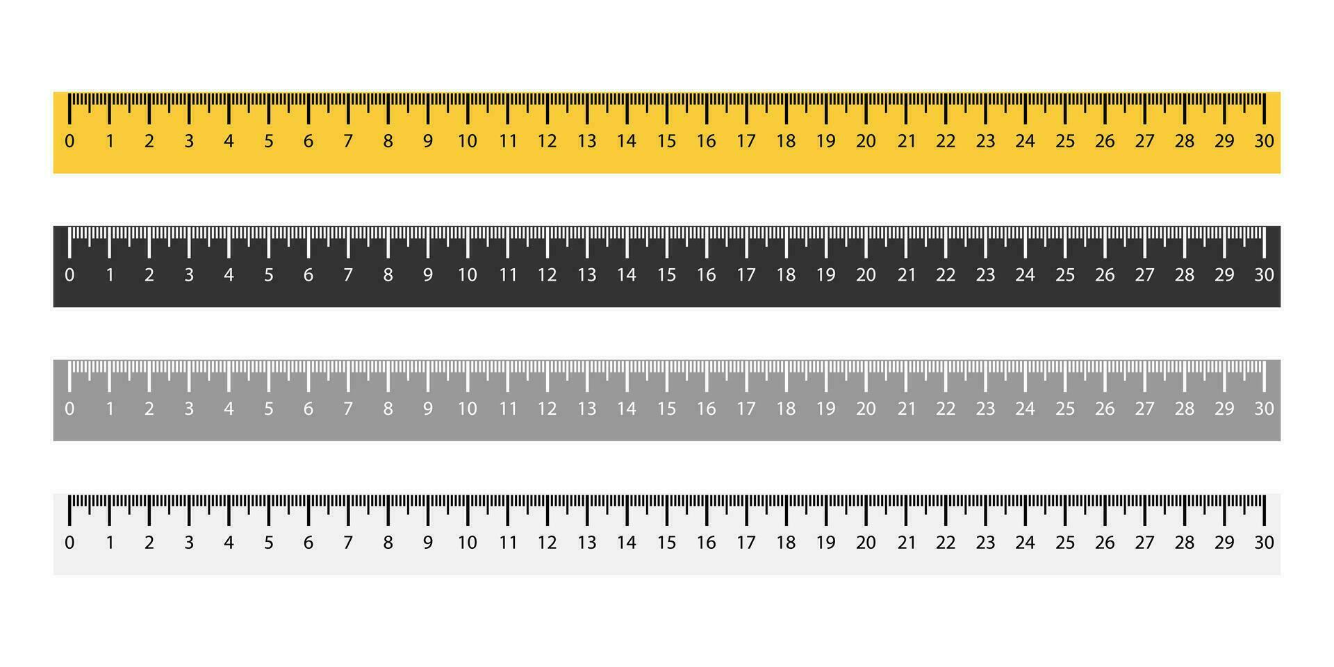 uppsättning av linjal metrisk mått i gul och svart färger. isolerat mäta verktyg från 1 till 30 centimeter. horisontell regel med mm tecken. distans mätning matematik instrument. vektor eps 10.