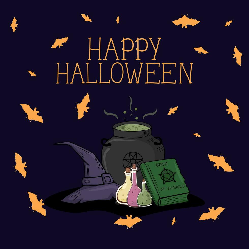 Vektor Halloween Illustration zum ein Poster oder Gruß Karte. ein Hexe Hut, ein Hexe Kessel, ein Zauberbuch und Flaschen von Tränke und Fledermäuse auf ein Filet Hintergrund