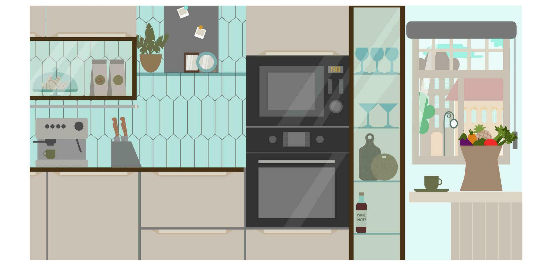 modern kök interiör, platt stil, möbel, maträtter, vitvaror, handduk, handfat, fönster, mikrovågsugn, vin glasögon, mugg, vattenkokare, vektor illustration