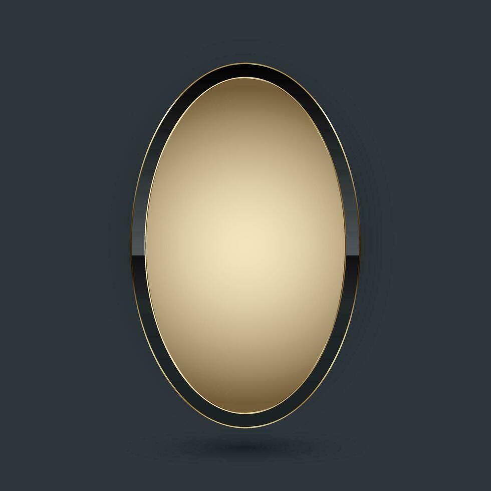 en guld ellips form knapp vektor illustration. 3d gyllene glansig elegant design för tömma oval emblem, medalj eller bricka, isolerat på svart bakgrund