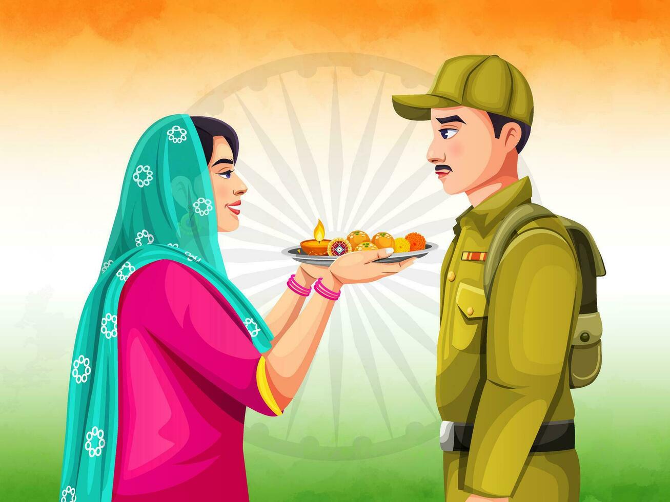 stock vektor av kvinna kvitt rakhi till soldat bror på de tillfälle av indisk festival Raksha bandhan