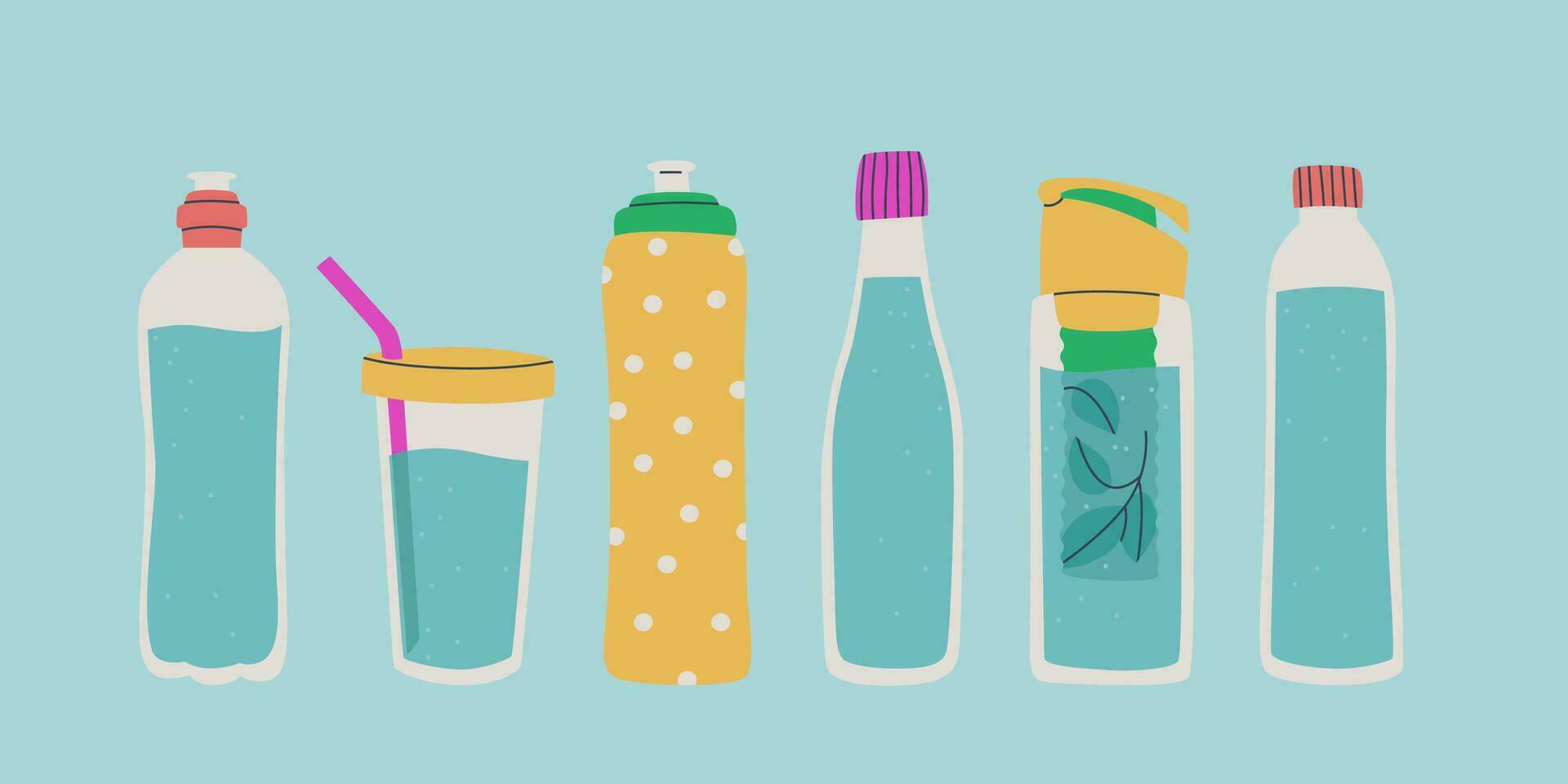 uppsättning av annorlunda vatten flaskor. återanvändbar glas behållare. olika flaska caps Inklusive en sporter keps. vektor isolerat illustration för design.