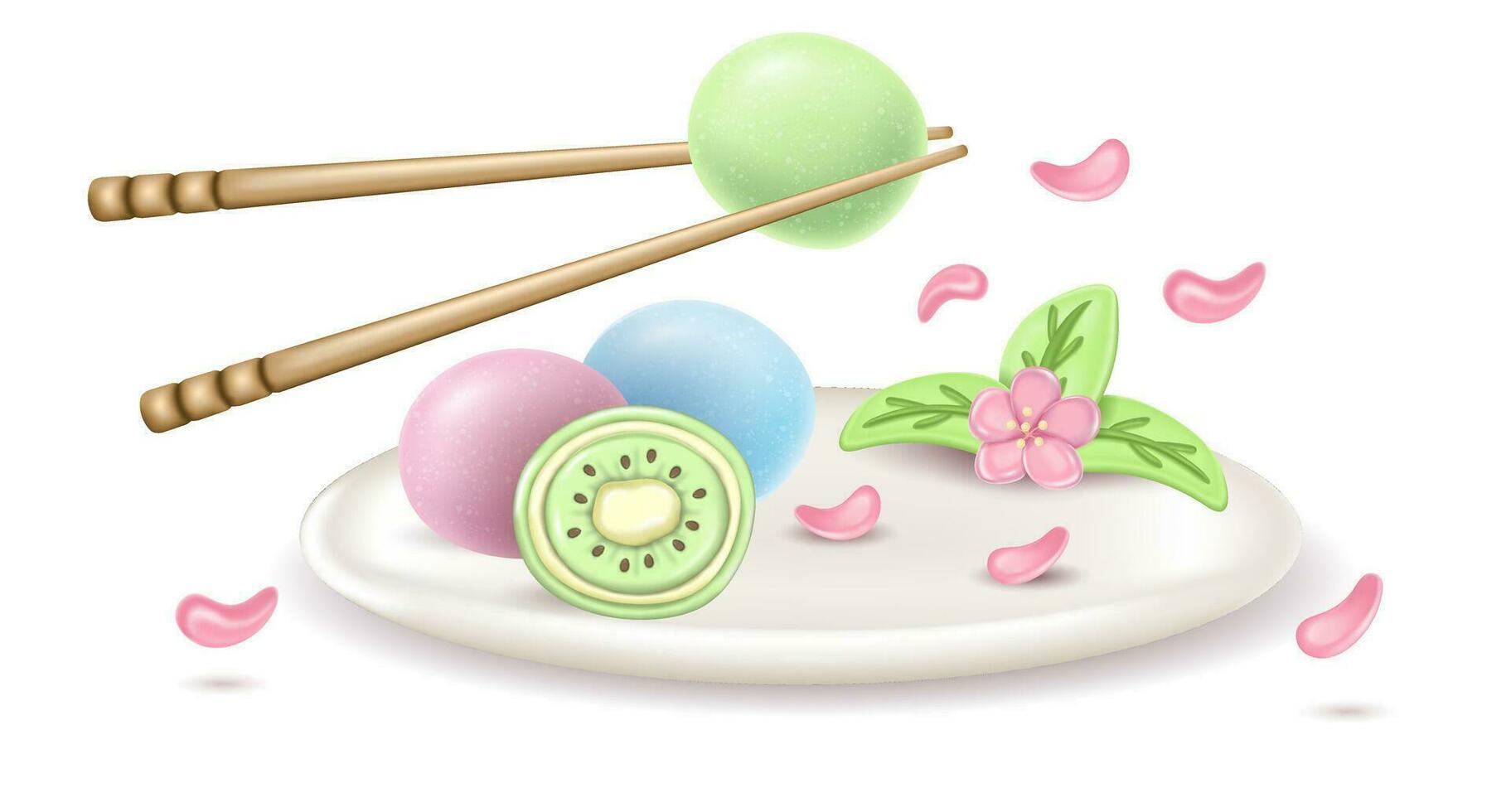 3d realistisch japanisch Dessert Daifuku Mochi mit Kiwi auf ein Platte. ein ganze und Hälfte ein Kuchen im Reis Teig. Portion Gericht mit Sakura Blumen und Haschi halten mochi. vektor