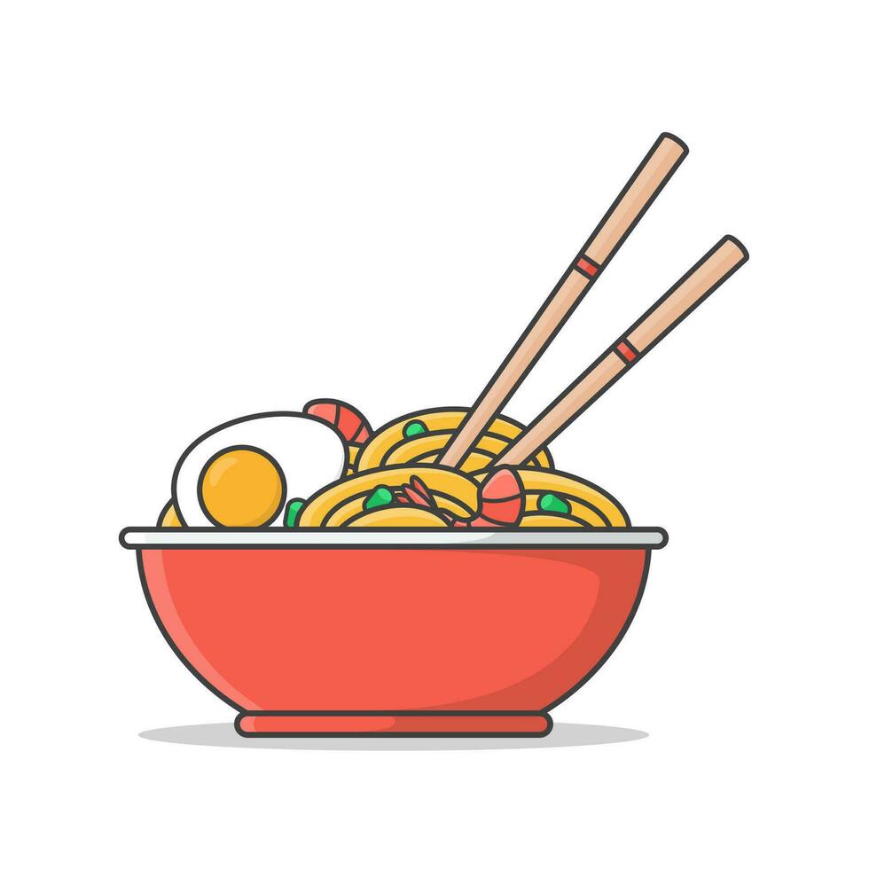 rot Schüssel von Ramen Nudeln mit gekocht Eier, Garnele, und Essstäbchen Vektor Symbol Illustration. orientalisch Nudel Lebensmittel. asiatisch Nudeln Symbol