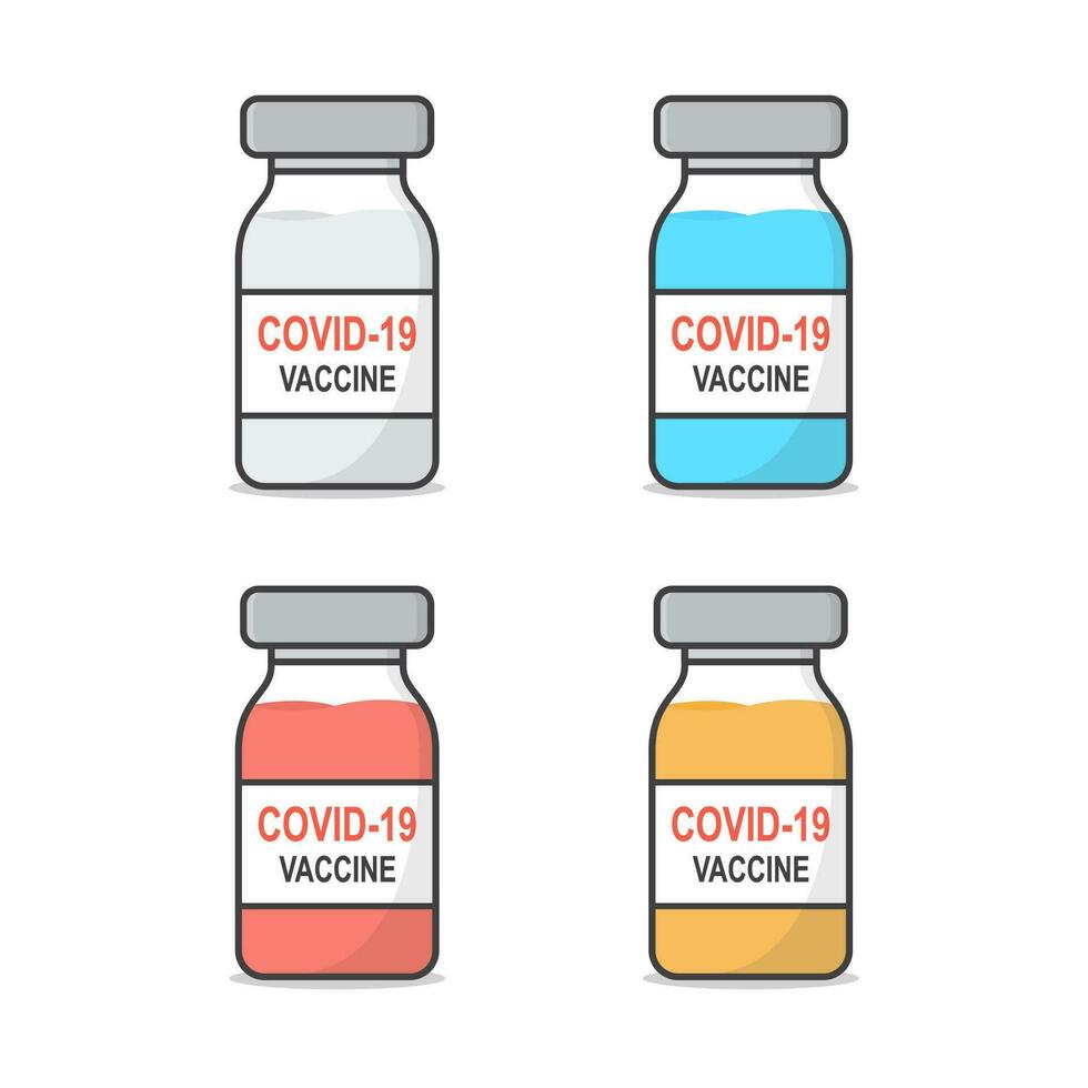 einstellen von covid-19 Coronavirus Impfstoff Vektor Symbol Illustration. Flasche von Impfstoff eben Symbol. Impfstoff Phiole