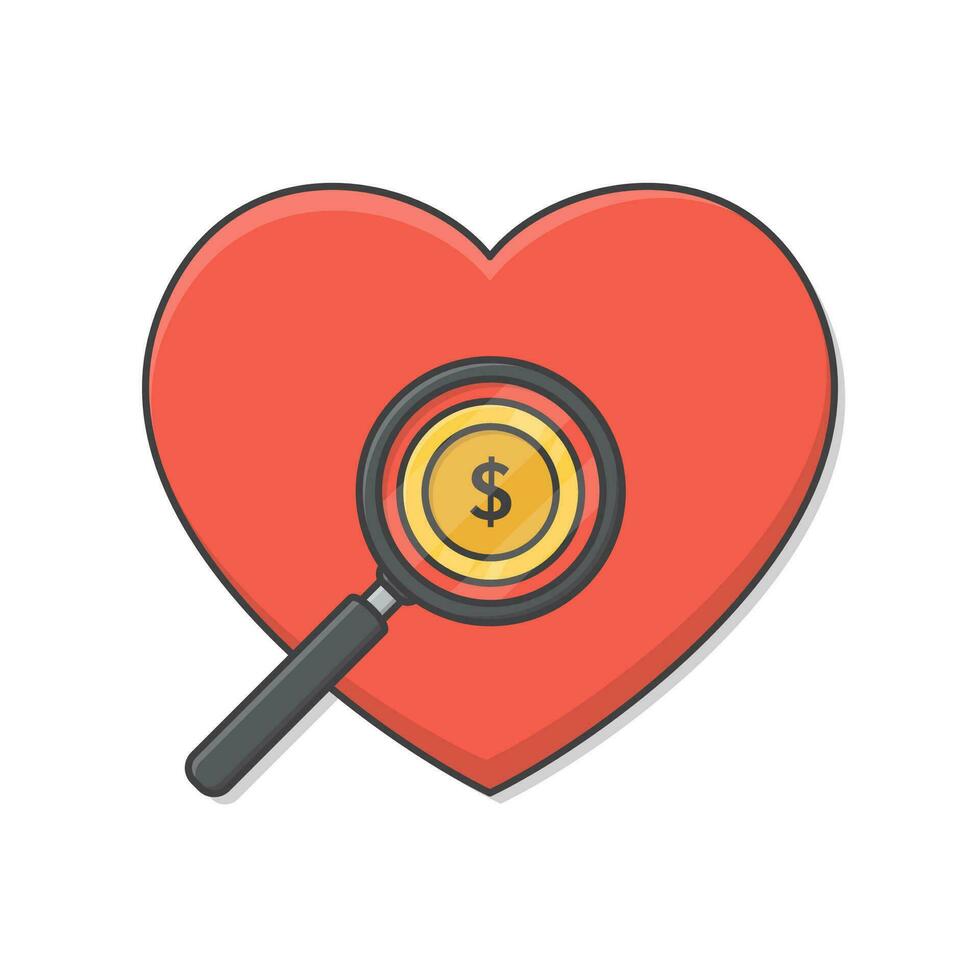 kärlek för pengar begrepp vektor ikon illustration. förstorande glas fokuserade på stor röd hjärta platt ikon