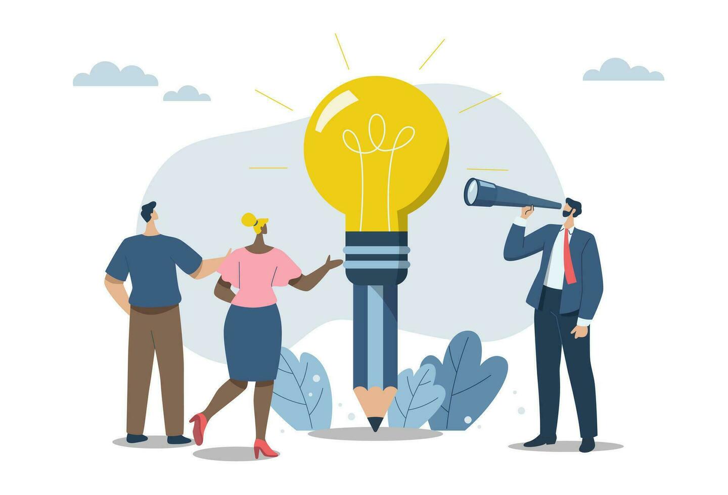 Geschäft Kreativität Entwicklung, Mannschaft Brainstorming, inspirierend Ideen oder motivierend Angestellte zu Kommen Sie oben mit groß Ideen, ein groß Licht Birne ist ein metaphorisch Konzept. Vektor Design Illustration.