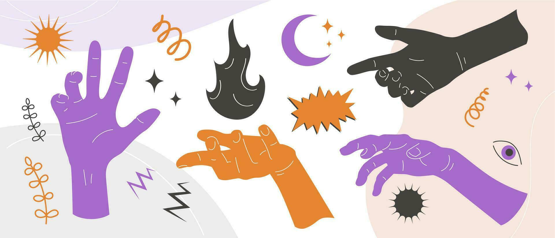 Mensch Hand Silhouetten, Mystiker abstrakt Banner, retro Collage mit Hand Gesten und magisch Zeichnungen von Feuer, Mond, Sonne und Sterne. Vektor Kunst.