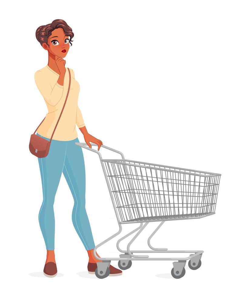 tankeväckande ung kvinna med shoppingvagn vektorillustration. vektor