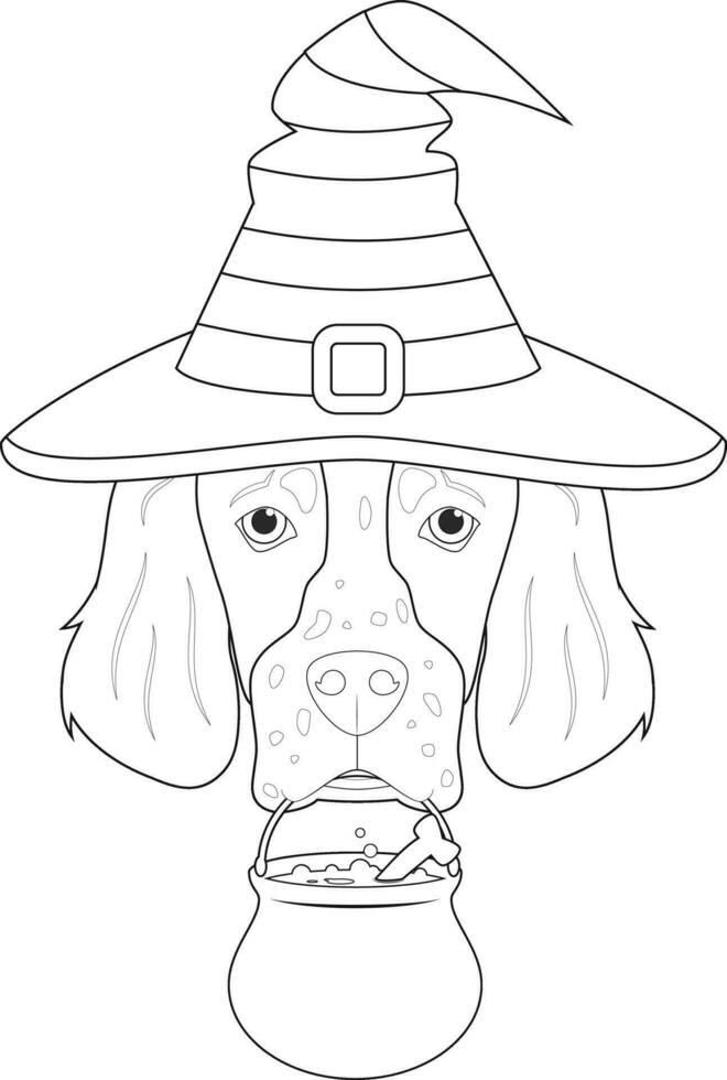 Halloween Gruß Karte zum Färbung. Englisch Setter Hund gekleidet wie ein Hexe mit schwarz und Orange Hut, und ein Kessel im das Mund vektor