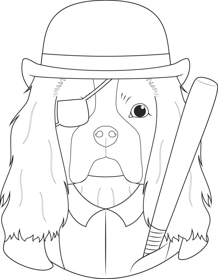 halloween hälsning kort för färg. stolt kung charles spaniel hund med kastare hatt, lappa, vit skjorta med hängslen, och en baseboll fladdermus vektor