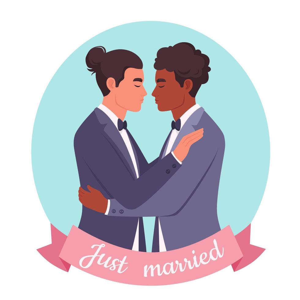 schwules Paar umarmt. LGBT-Hochzeit, Stolzkonzept. multikulturelles Paar vektor