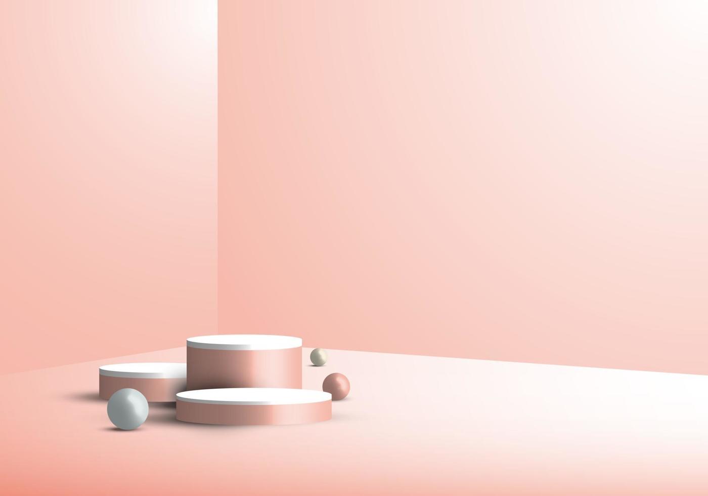 3D-Studioraum-Vitrine zeigt geometrischen beige Zylindersockel, runden minimalen rosa Szenenhintergrund an vektor