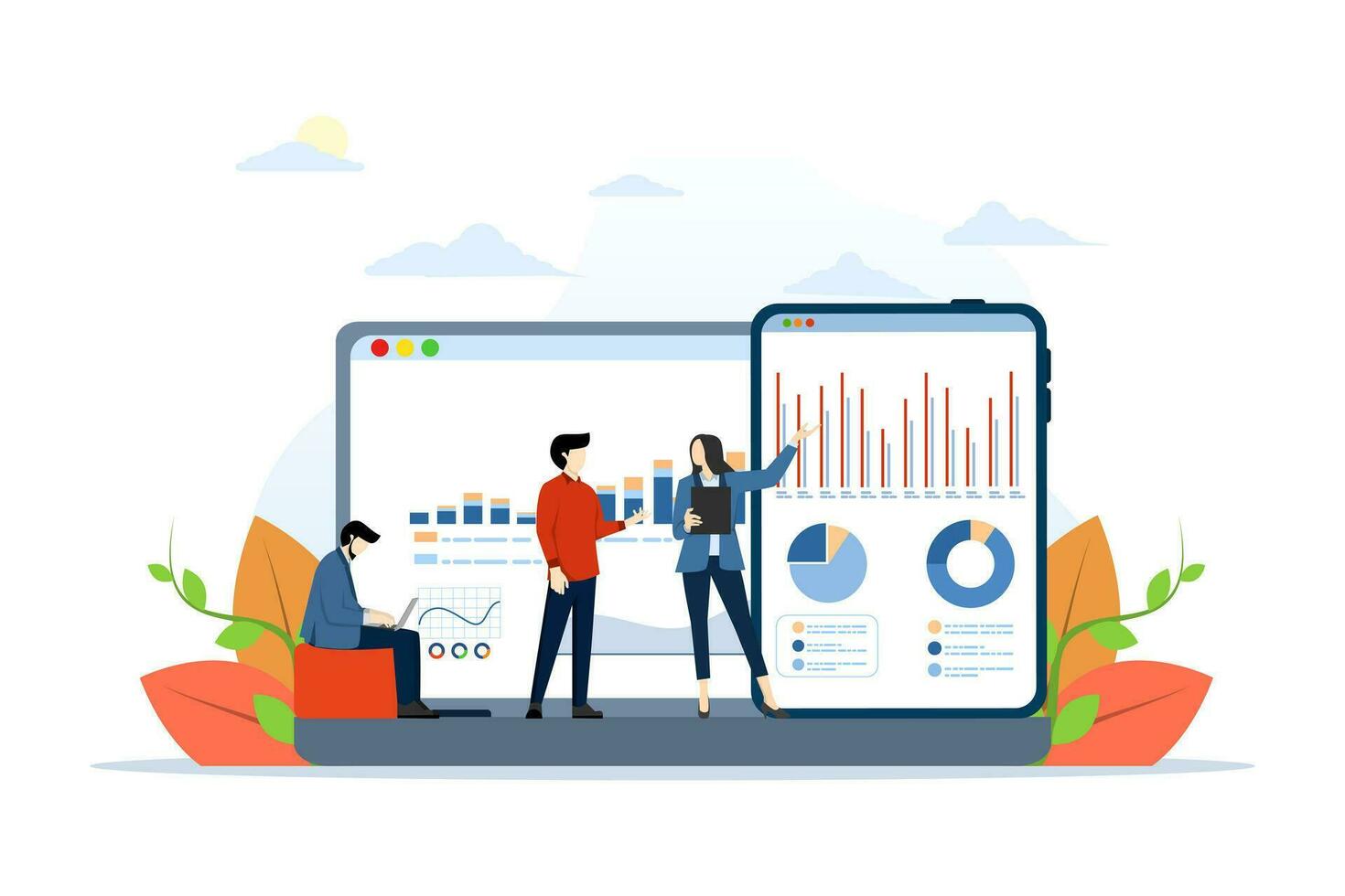 Daten Analyse Konzept mit Geschäftsmann Charakter. Zusammenarbeit Geschäft Analytiker Grafiken und Der Umsatz Verwaltung statistisch Diagramme und betriebsbereit Berichte eben Vektor Illustration. finanziell Bericht Metapher