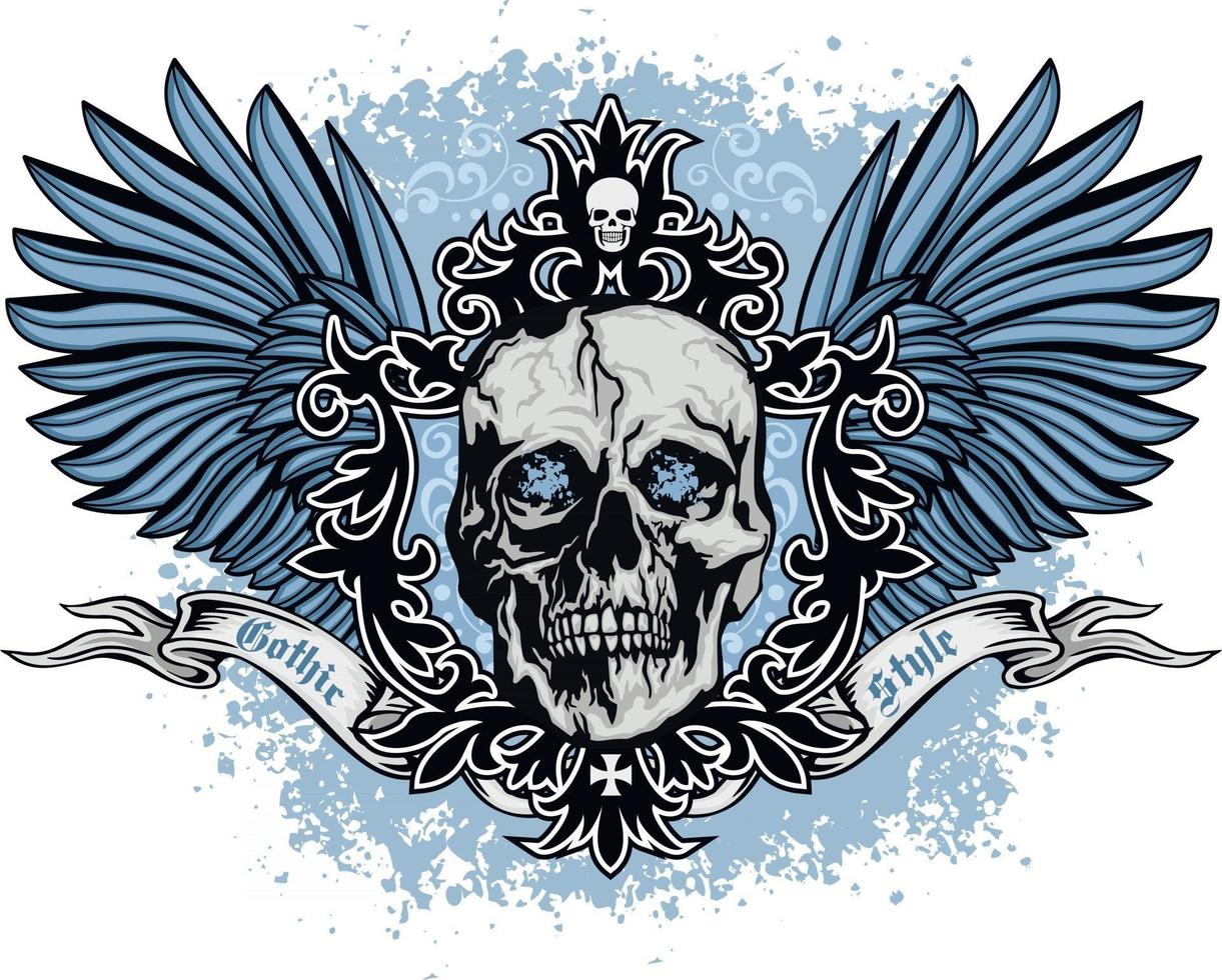 gotisk skylt med skalle och blå vingar, grunge vintage design t-skjortor vektor