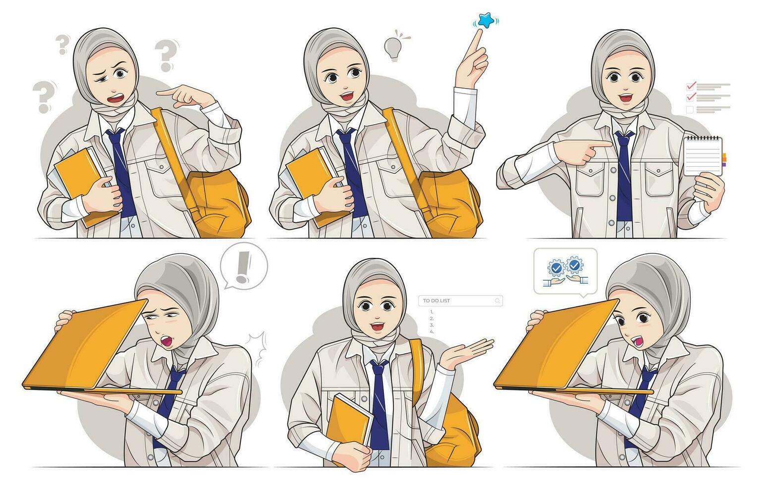 Hijab wenig Kind, Schule Mädchen Charakter Satz. Vektor Illustration