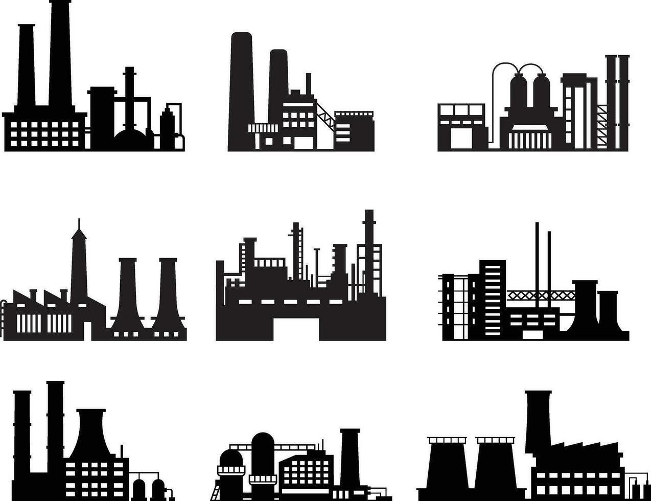 uppsättning av industri företag byggnader. industriell lager, tillverkning fabrik och fabriker exteriör silhuetter vektor