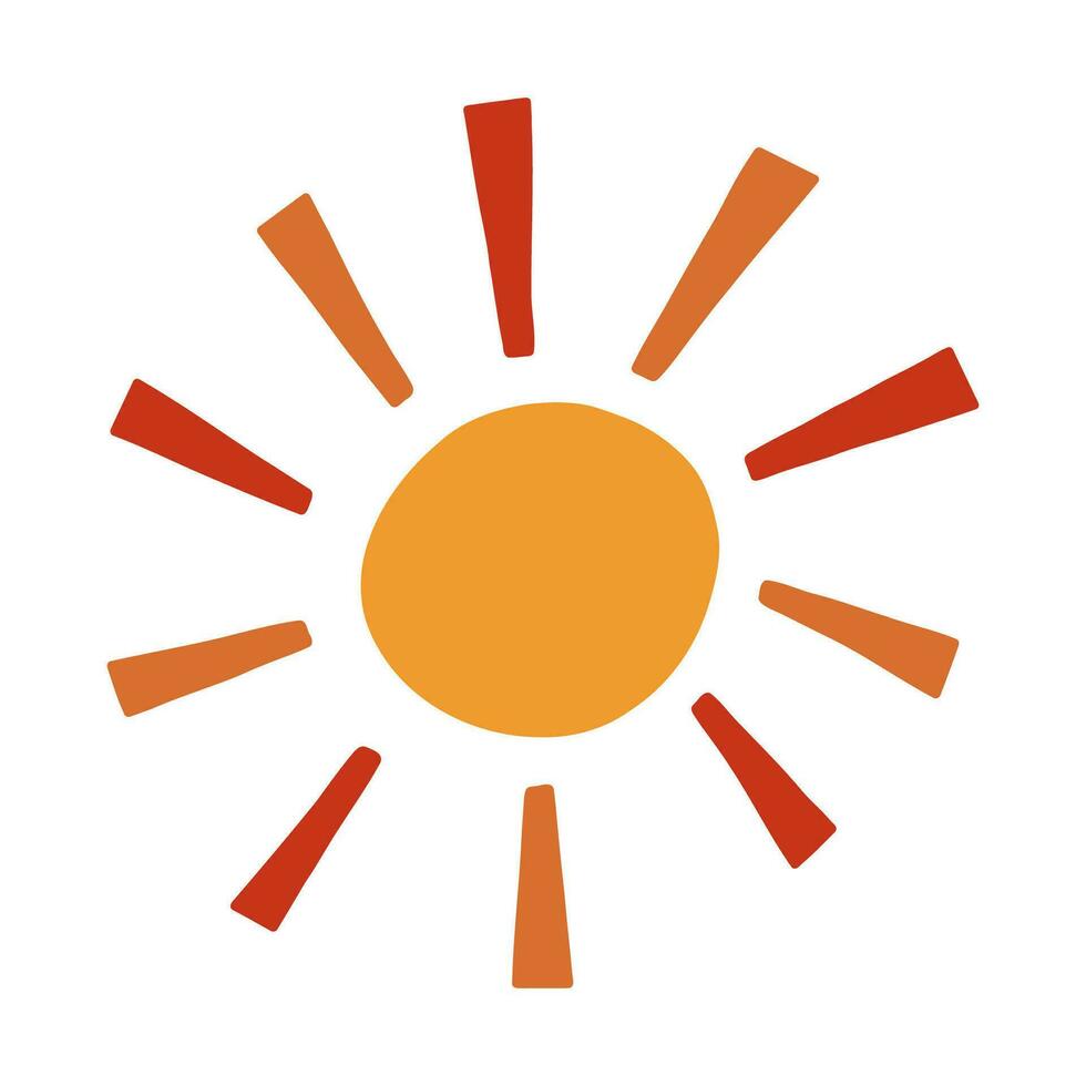 söt hand dragen Sol ClipArt. rolig och trippy soluppgång ikon med glans stråle i de retro stil av 60-tal, 70-tal. tecken av varm väder, solljus, solnedgång. trendig vektor klotter isolerat på vit bakgrund