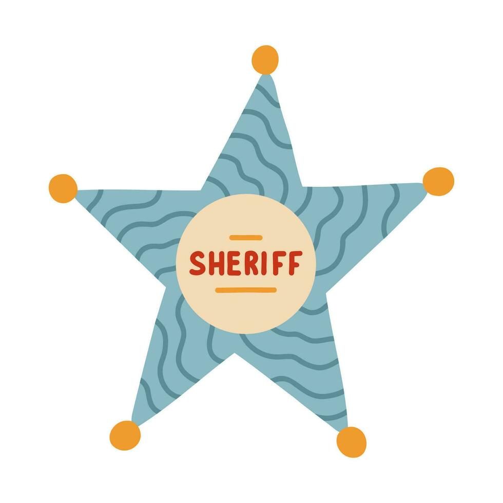 hand dragen sheriff bricka i de stjärna form i tecknad serie söt stil. emblem av Västra polis, tecken av lag, säkerhet och rättvisa. vild väst och cowboy symbol med gyllene element isolerat på bakgrund. vektor