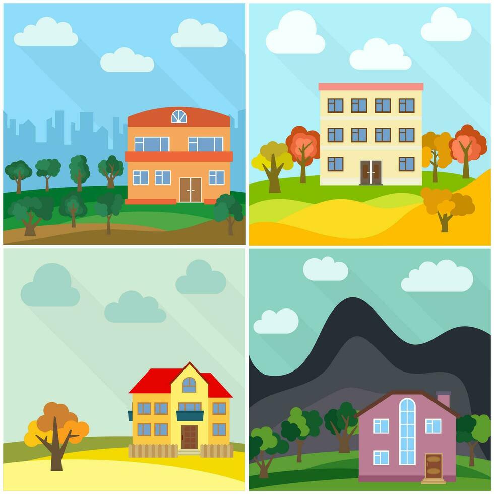 uppsättning av fyra ensam hus i de natur. vektor illustration.