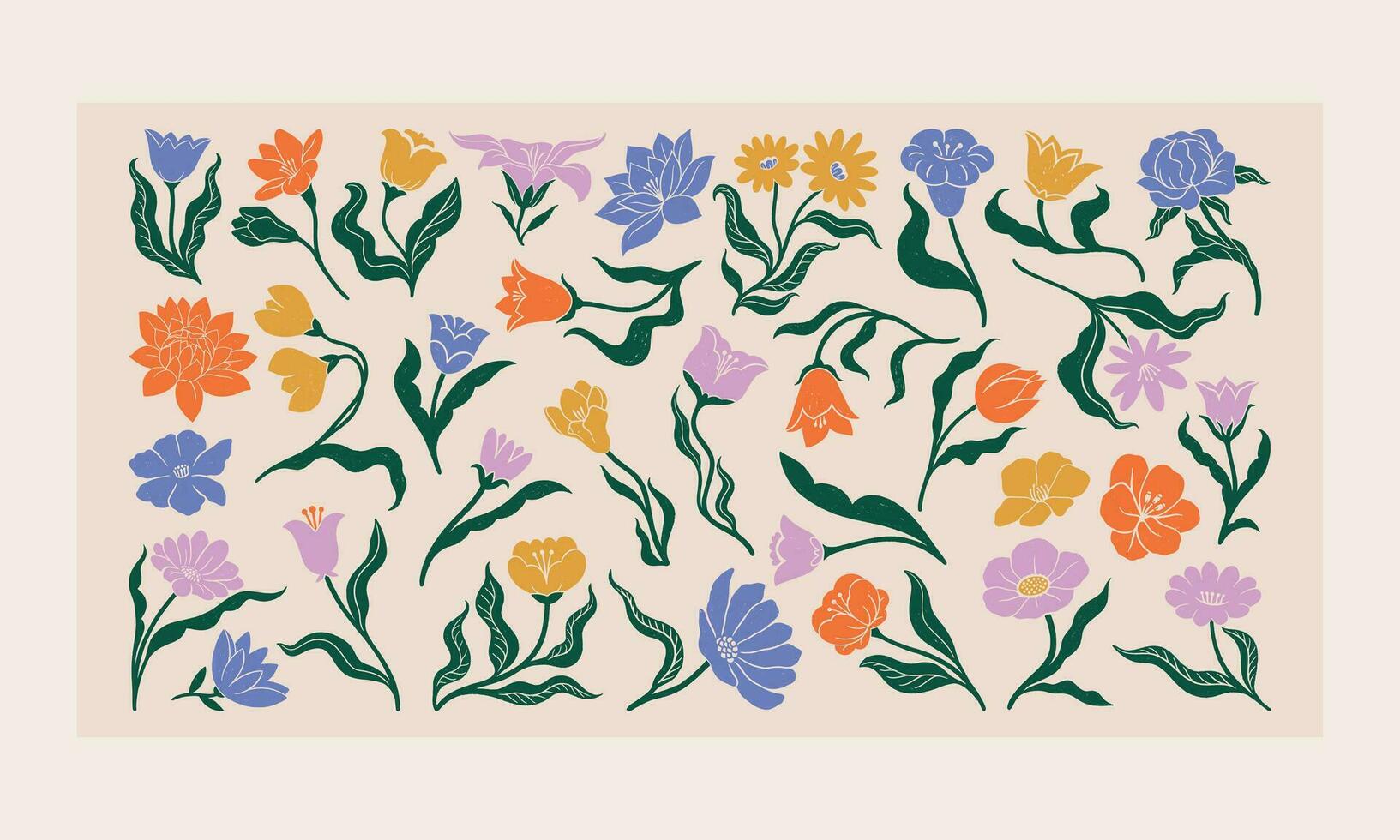 Hand gezeichnet Linoleum Schnitt Blume Sammlung. botanisch Blumen- Satz. modern abstrakt texturiert Blumen. natürlich organisch Jahrgang Stil Elemente. vektor