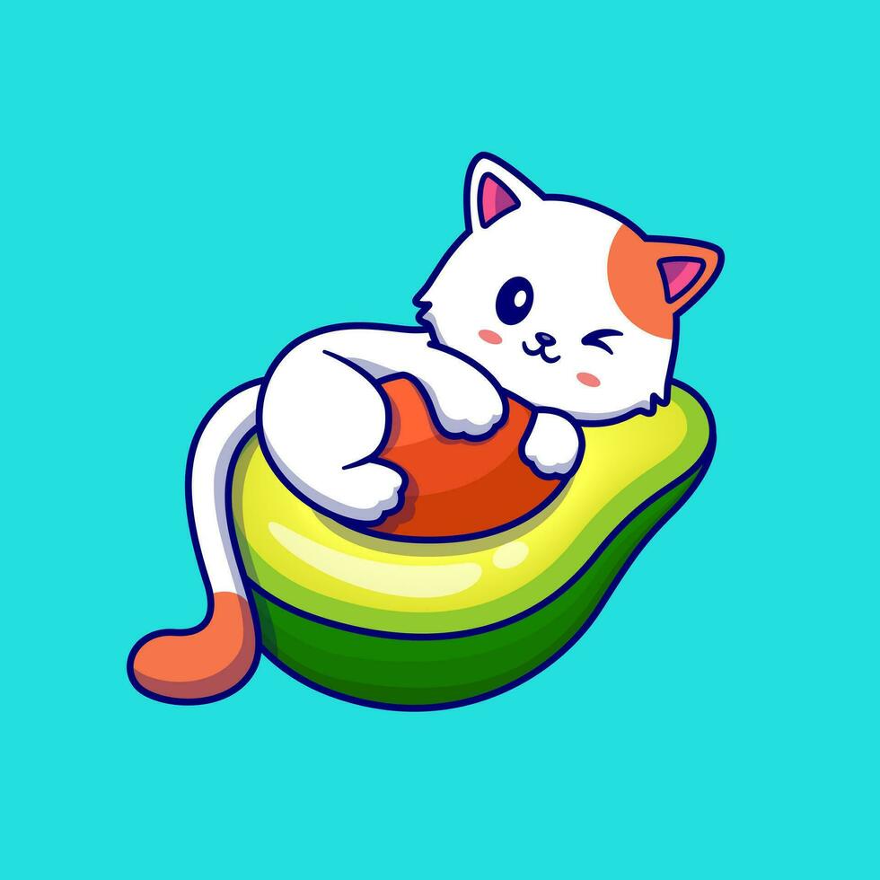 söt katt på avokado frukt tecknad serie vektor ikon illustration. djur- mat ikon begrepp isolerat premie vektor. platt tecknad serie stil