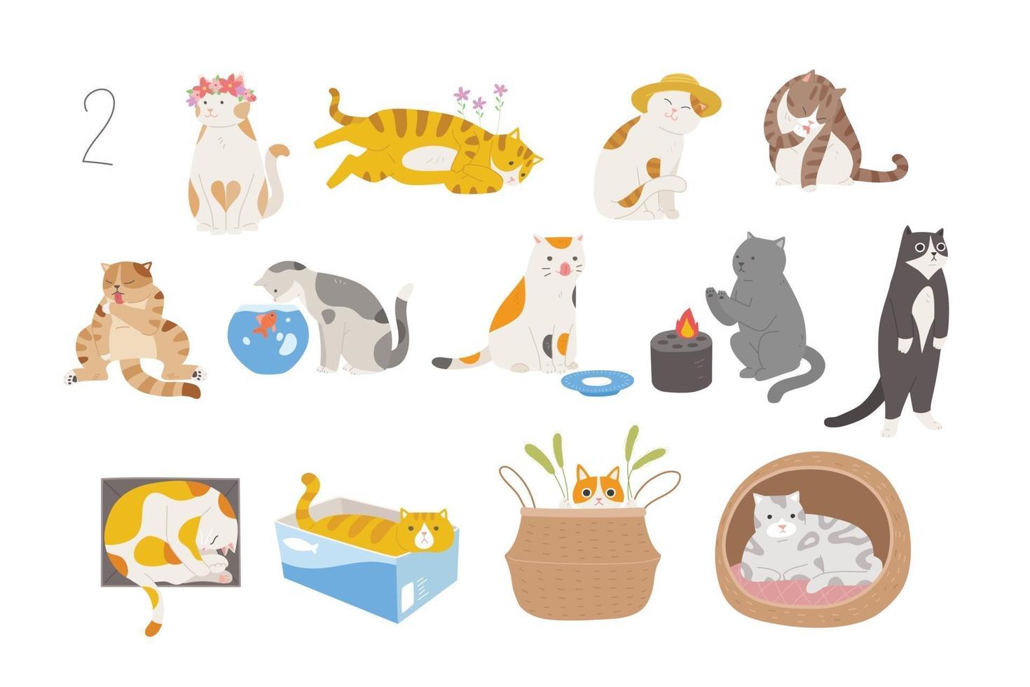 süße und lustige Katzen verschiedener Rassen. handgezeichnete Stilvektordesignillustrationen. vektor