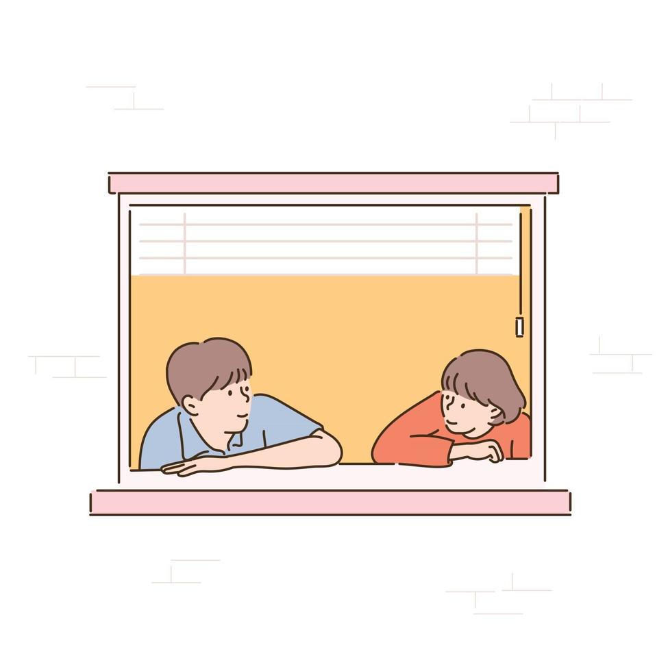 ett par lutar sig mot fönstret och tittar på varandra. handritade illustrationer för stilvektordesign. vektor