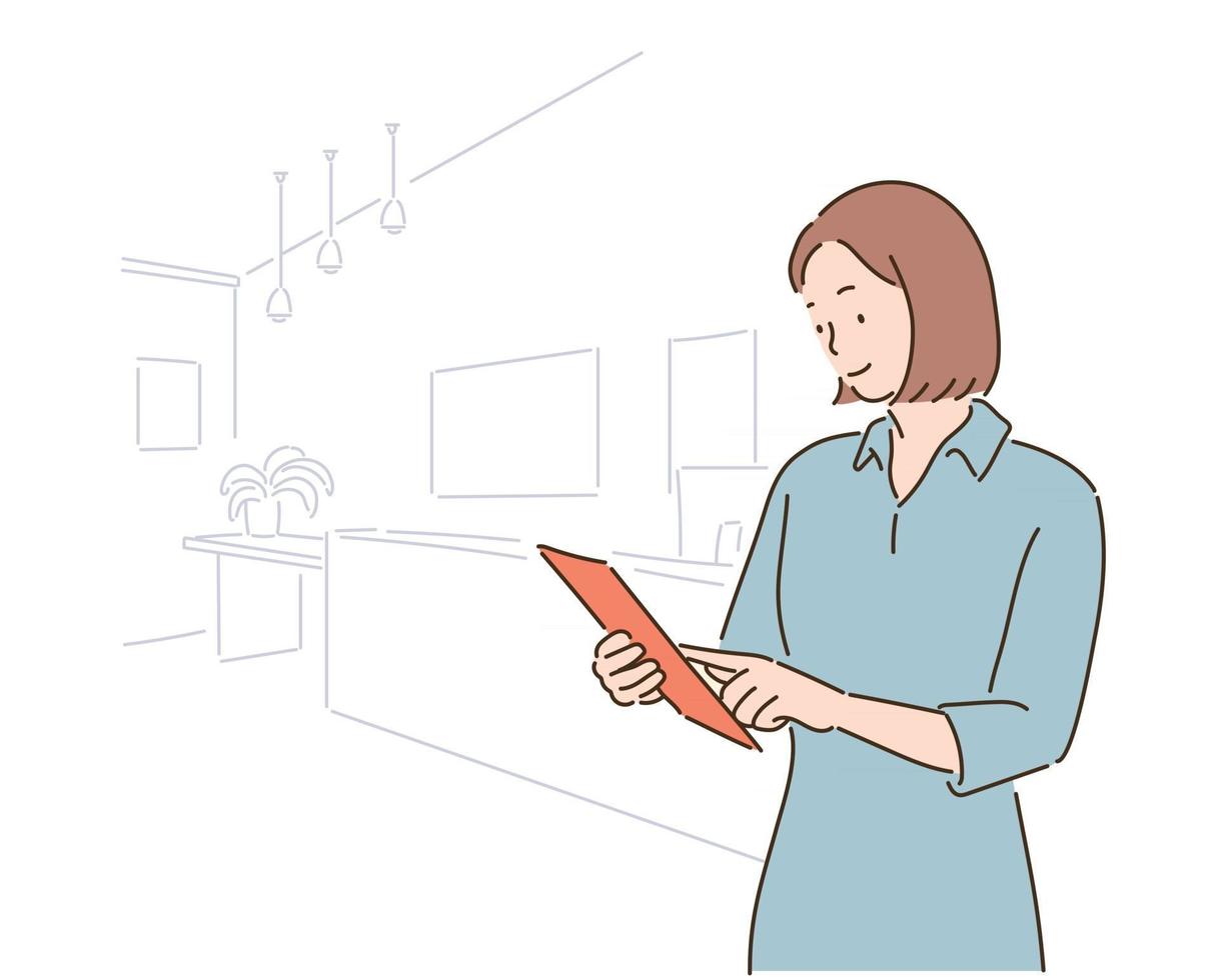 eine Geschäftsfrau schaut sich Dokumente an. handgezeichnete Stilvektordesignillustrationen. vektor