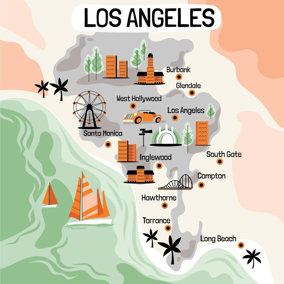 handritad illustration av Los Angeles med turistmål vektor