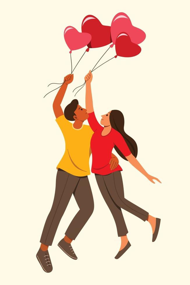 Der Liebesmann und die Liebhaberin halten den herzförmigen Ballon zum Schweben. vektor