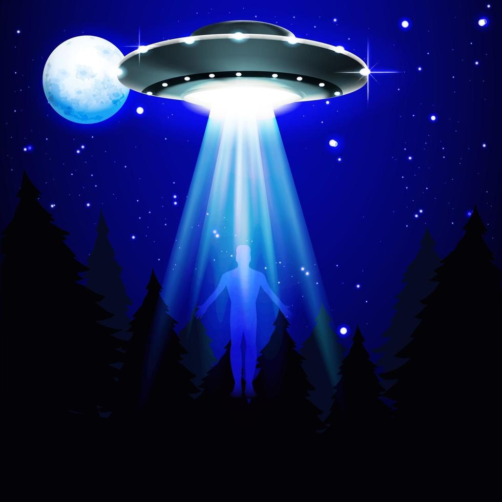 ufo erscheint im Wald mit einer Entität kommt herunter vektor