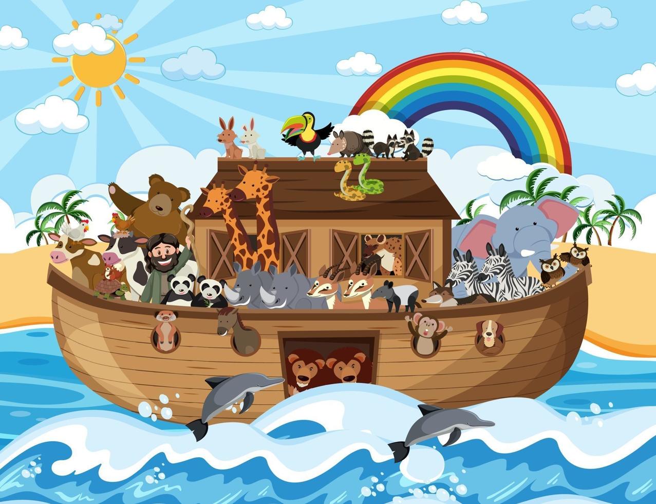 Noahs ark med djur i havsscenen vektor