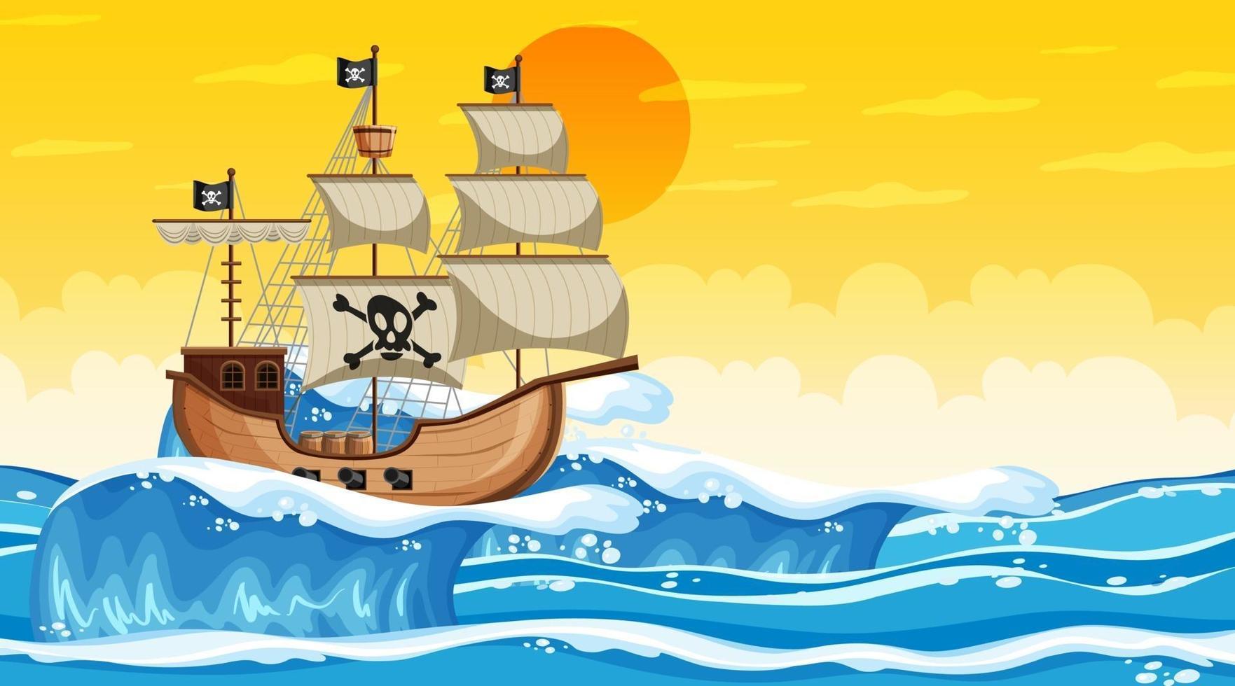 Ozeanszene zur Sonnenuntergangszeit mit Piratenschiff im Karikaturstil vektor