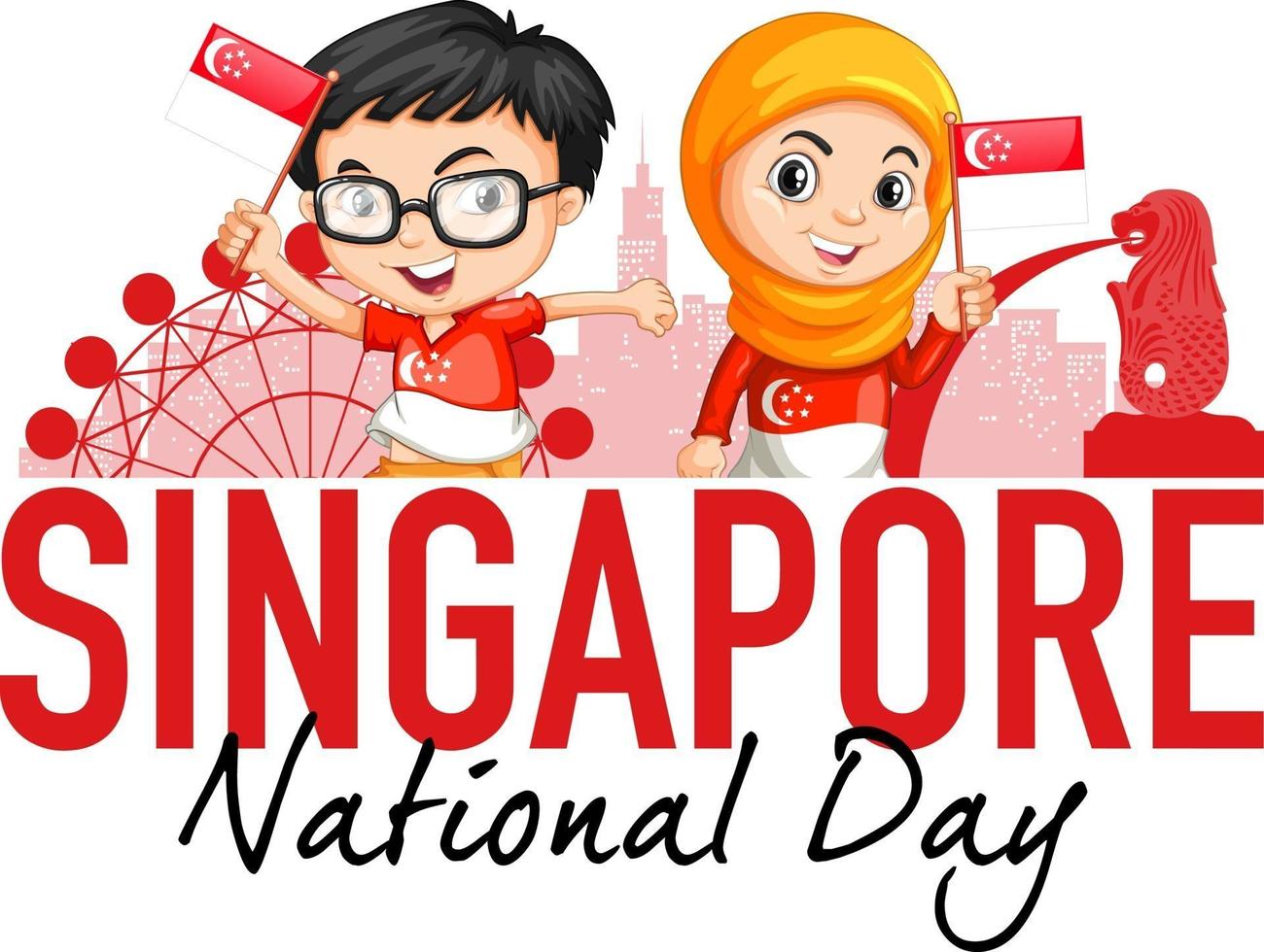 singapore nationaldag med barn håller singapore flagga seriefigur vektor