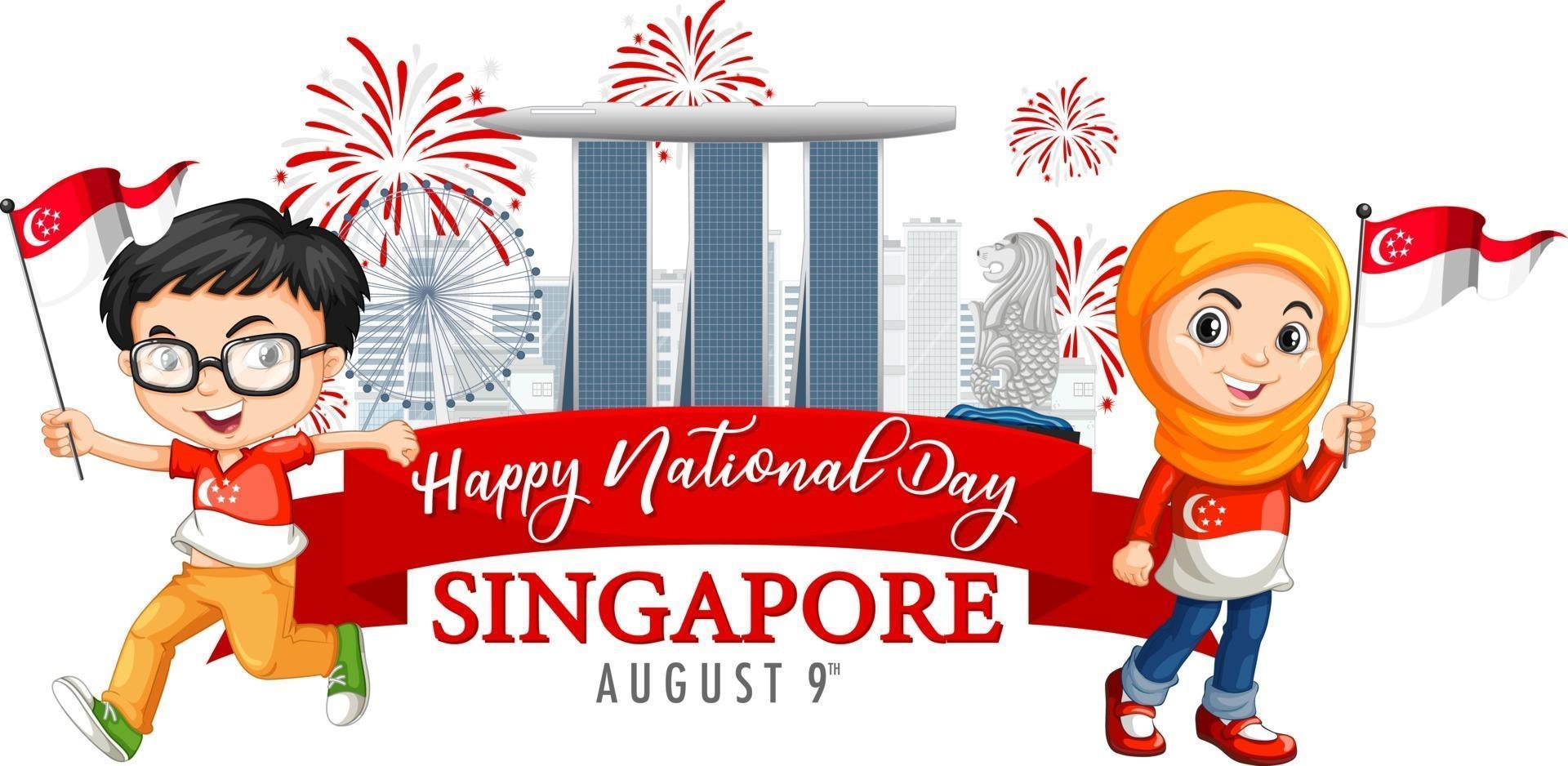 singapore nationaldag banner med marina bay sand singapore vektor