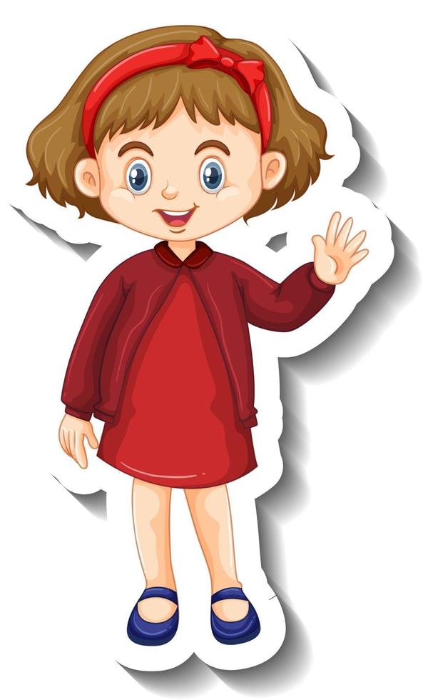 liten flicka i röd klänning tecknad karaktär klistermärke vektor