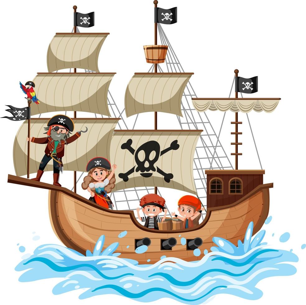piratskepp på havsvåg med många barn isolerad på vit bakgrund vektor