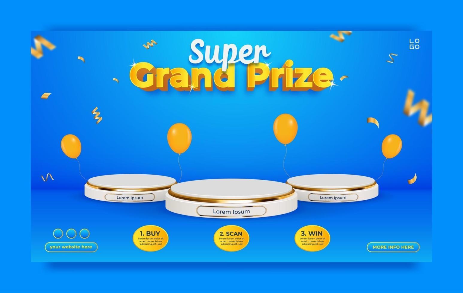 Grand Prize horisontell banner mall med podium och ballonger. vektor