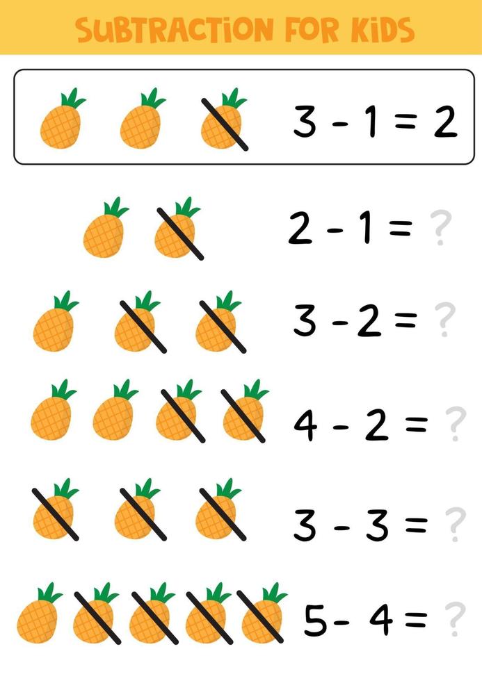 Subtraktion für Kinder mit Ananas. vektor